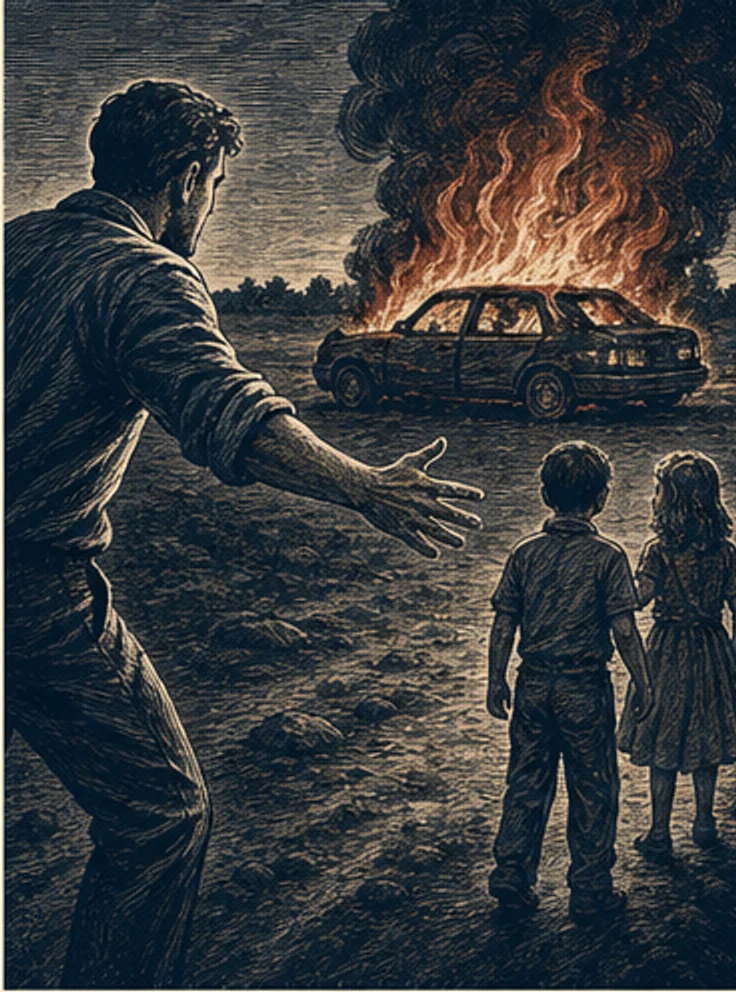 A parent reaching toward two children beside a burning car