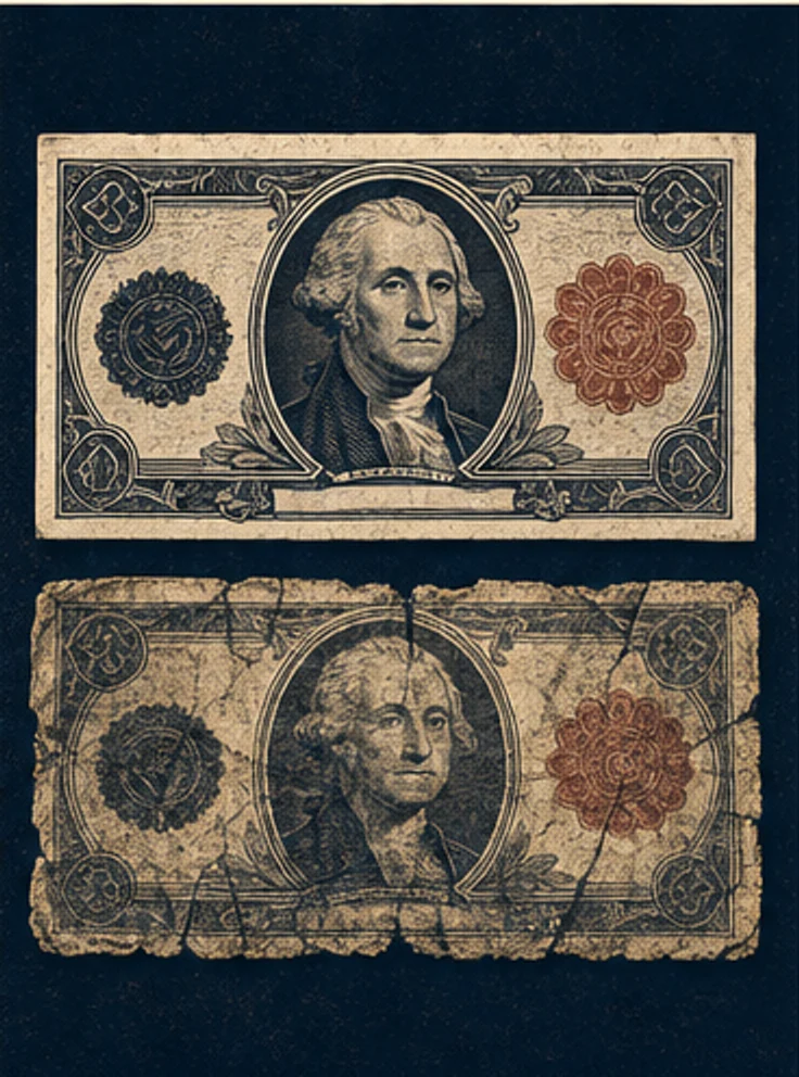 A crisp engraved banknote above a worn counterfeit