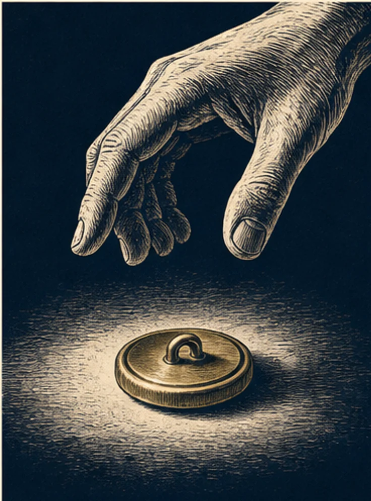 An engraved hand hovering over a single brass button