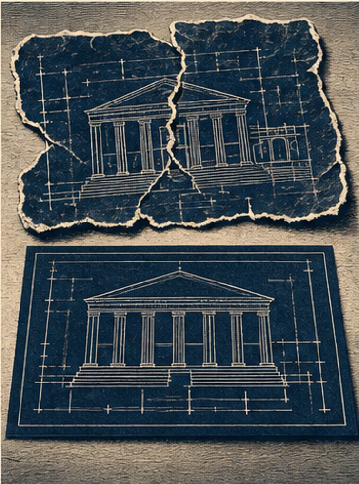A torn building plan resting above an intact blueprint