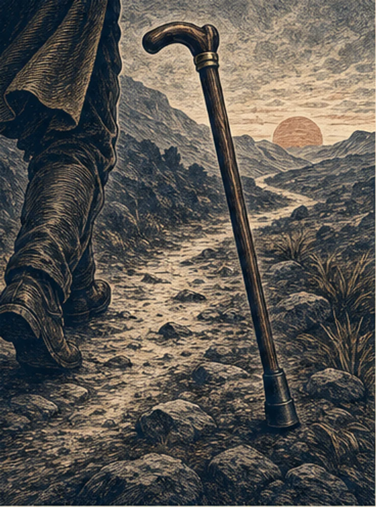A walking cane supporting a traveler on a rough mountain path