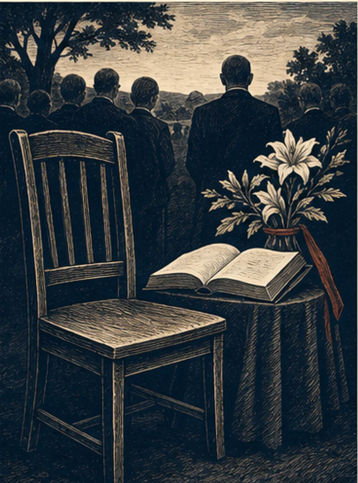 An empty chair and open memory book at a quiet funeral