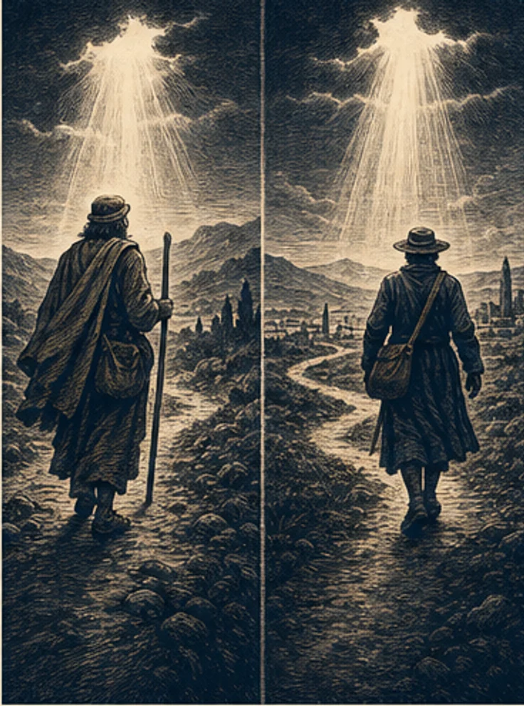 Two messengers on separate roads beneath beams of heavenly light